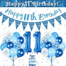 11th Birthday Decorations for Boys - Blue & White Balloons, Happy Birthday Banne