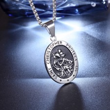 Men's Stainless Steel Oval ST Christopher Pendant / Necklace & 60cm Chain Gifts