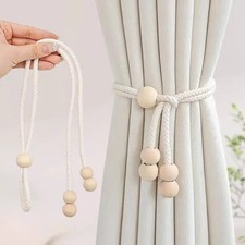 2X Wooden Beaded Curtain Tie backs Buckle Ring Ties Weave Rope Beige Holdback