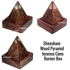 Sheesham Wood Pyramid Incense Cone Burner Box Thai Buddha Elephant Fretwork