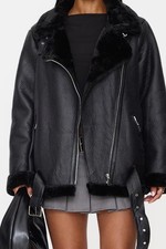 Pretty Little Thing-Black Faux Fur Lined Oversized PU Aviator Jacket-Size 12VGC