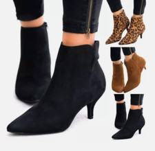 Womens Ankle Boots Low Mid Kitten Heel Work OL Pointed Toe Booties Shoes Size~