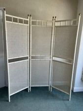 Vintage wood & rattan screen partition room divider cream three panels VGC 80s