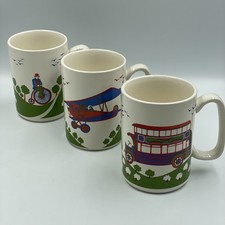 3 x Vintage Celtic Irish Fine Earthenware Mugs  Buses Planes & Bikes Coffee Cups
