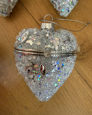 1 Glass Heart Hanging Keepsake Christmas Ornaments Silver Sequin & Jewel Opening