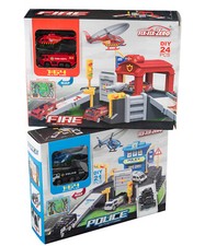 TOY POLICE/FIRE GARAGE PLAY SET  HELICOPTER AND AUTO INCLUDED BOY GIFT NEW BOX