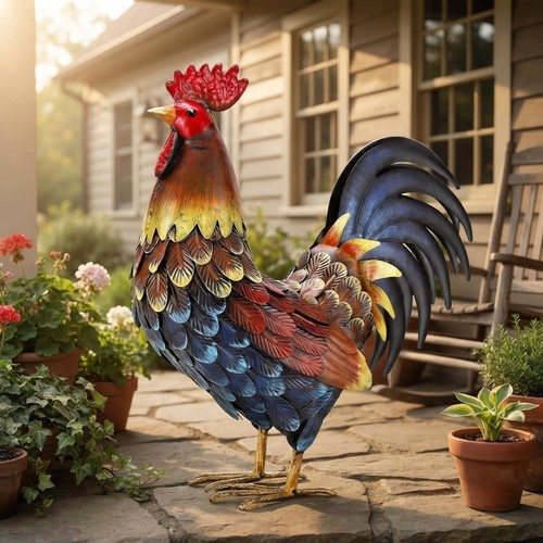 Metal rooster decor - metal, statue