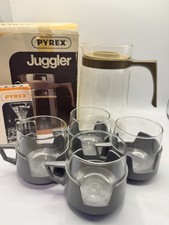 Vntg Pyrex Drink-up Cups Grey X 4 & Juggler Stove Top Pyrex Juggler Coffee Pot