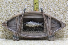 VINTAGE WOOD BOAT W/ORES FISH IN NET WALL HANGING ART NOS. NEW OLD STOCK