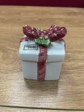 Vintage Fitz And Floyd Hand Paint Christmas Red & Gold Bow W/ Holly Trinket Box