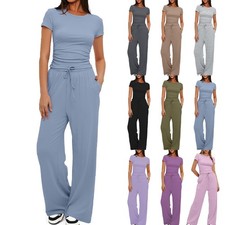 Women's Crop Tops Tracksuit Wide Leg Pants Trousers Lounge Wear Co ord 2PCS Set@