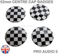 Fits Mini - 4x Chequered Wheel Centre Cap Badges 52mm Black & White Flag - UK