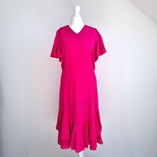 Vintage Frank Usher Dress Hot Pink Cocktail Fit & Flare Ruffles Crepe Wedding 12