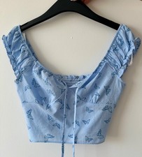 PRIMARK SIZE 8 TOP CROP CROPPED BUTTERFLY COTTAGE CORE BARDOT BLUE BLOUSE