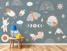 3D Hand Drawn Cartoon Space Kids Self-adhesive Removeable Wallpaper Wall Mural