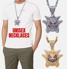 Hip Hop Men's Women Silver Gengar Pendant Necklace Gold Tennis Chain Iced Bling