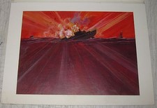 RARE VINTAGE GEORGE BOWMAN EXPLODING SHIP BOAT IN RED SEAS ILLUSTRATION PAINTING