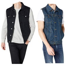 Mens Multi Pocket Denim Cowboy Retro Waistcoats Trucker Biker Sleeveless Vest UK