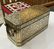 ANTIQUE ORNATE FANCY PHILIPPINO HEAVY BRONZE BETEL NUT SPICE BOX INLAID SILVER