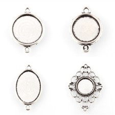 Antique Silver DIY Flat Round Cabochon Connector Settings Bezel Pendant Trays
