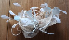 Ladies Beige Fascinator With Comb & Blue and white feathers