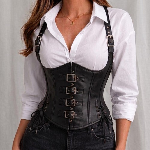 Black leather underbust corset - black,