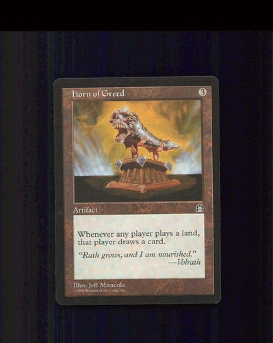 Horn greed sth - of, en