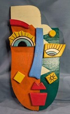Vintage Abstract Face Sculpture, Handcrafted Wooden Hanging Wall Art