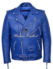 'BRANDO BLUE' Men's Classic Motorcycle Biker Cowhide Real Leather Jacket