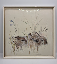 Vintage Mads Stage Wildlife Watercolour Picture Rabbits Hares Framed 10" VGC
