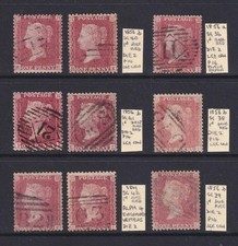 GB QV 1d Penny red Stars. Small lot of 9 Stamps. Notes Unconfirmed.