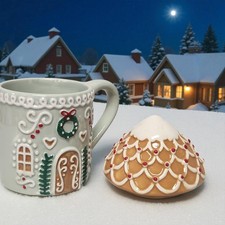 Gingerbread House Ceramic Mug With Decorative Lid Festive Hot Drink Cup