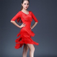 Women Tassel Dance Dress Latin Salsa Ballroom Tango Dancewear Black Red Fashion