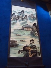 LARGE VINTAGE 1960s SIGNED CHINESE SCROLL WITH HAND PAINTED LANDSCAPE . M3523g