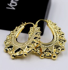 9ct Gold on Silver Large Victorian Gypsy Spiked Oval Creole Hoop Earrings Women