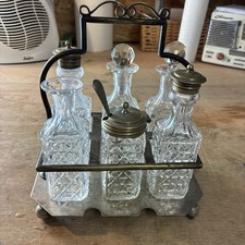 Vintage Silver Plated Cruet Set With Cut Glass Bottles With Holder Great Set