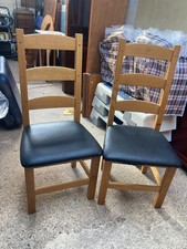 Heavy Natural Wood High Ladder  Back Dining Chairs x 2 Black Faux Leather Seats