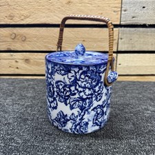 Antique Blue & White Keeling Losol Ware Cavendish Rattan Handle Biscuit Barrel
