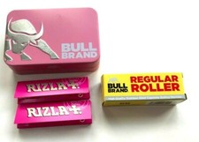 BULL BRAND TOBACCO TIN Pink 1oz 2 RIZLA Pink Booklets and  Rolling Machine