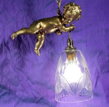 ANTIQUE SPELTER CHERUB CEILING LIGHT CHANDELIER PUTTI working order