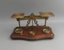 Antique Brass Postal Letter Balance Scales + Weights - Postal Rates 1897 to 1915