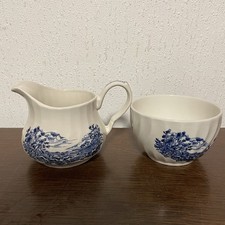 Vintage H Aynsley Milk Jug/Creamer & Sugar Bowl -Blue & White
