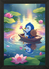 Cute Penguin Boat Lotus Framed