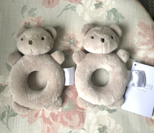 2 X WHITE COMPANY BARNEY TEDDY BEAR RING RATTLE GRABBER SOFT TOYS BEIGE BROWN