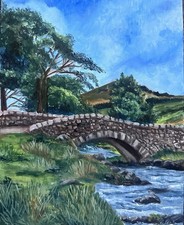 Over the old bridge-English countryside Oil Painting canvas Board