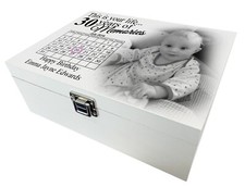 Birthday wooden memory box, White keepsake box, Personalised photo design.