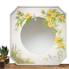 Hand Painted Wall Mirror Vintage Floral Flowers Unusual Wooden Square Octagonal