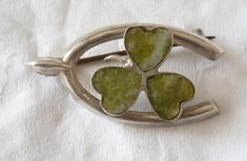 Lucky shamrock wishbone vintage brooch with Connemara marble