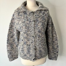 Hand Knitted Cardigan With Mohair Chunky Knit Blue Grey Marl Collar Fits Size 14