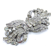 Vtg Art Deco Duette Brooch 1940s Dress Clip Pair Sparkly Crystal Swirls Superb